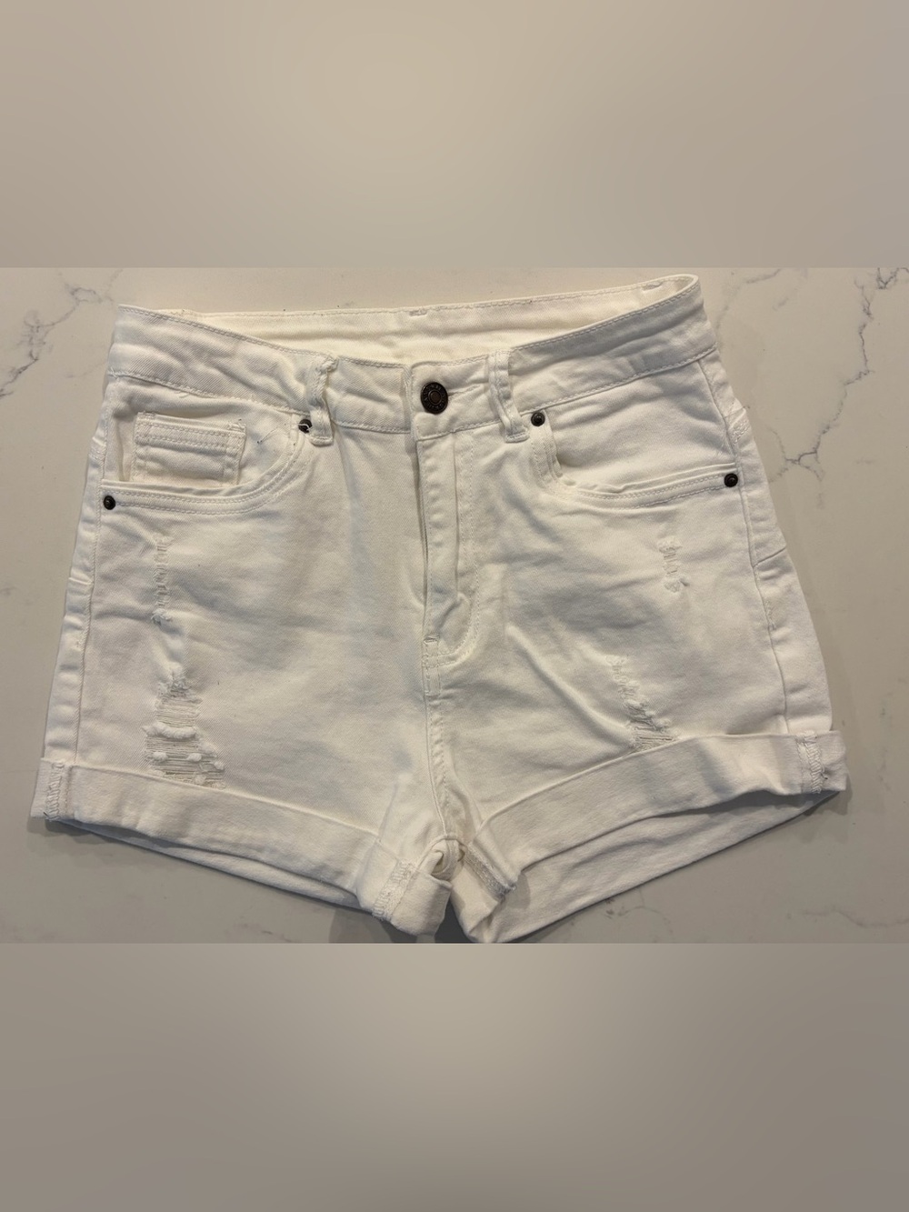 White Distressed High-Waist Denim Shorts
